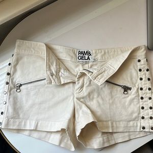 Pam & Gela white/cream studded denim shorts
